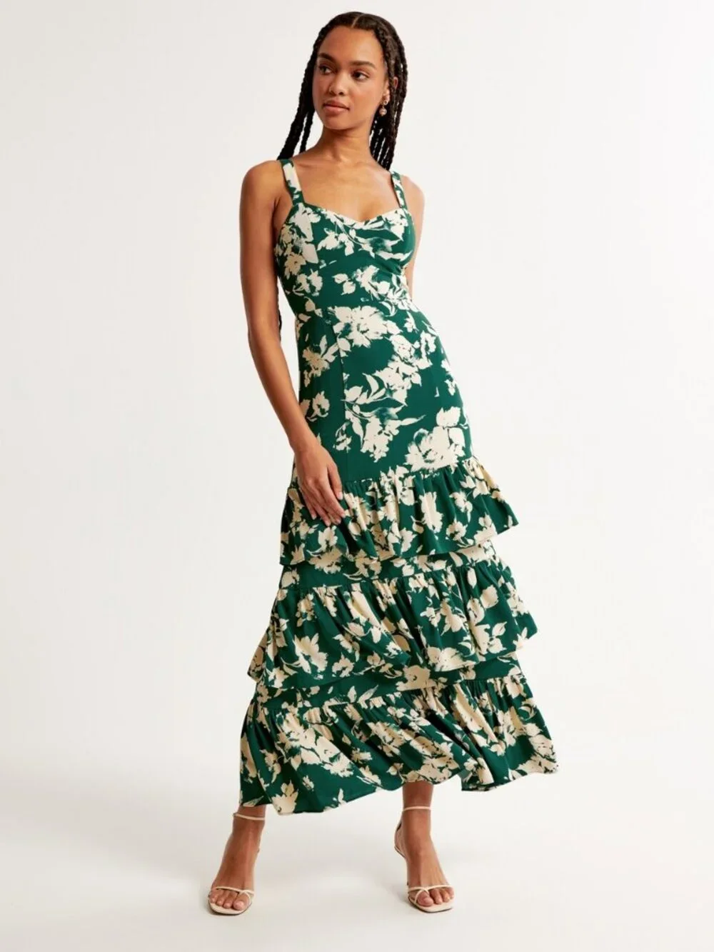 Abercrombie & Fitch Ruffle Tiered Maxi Dress Green Pattern Size S NWT $150